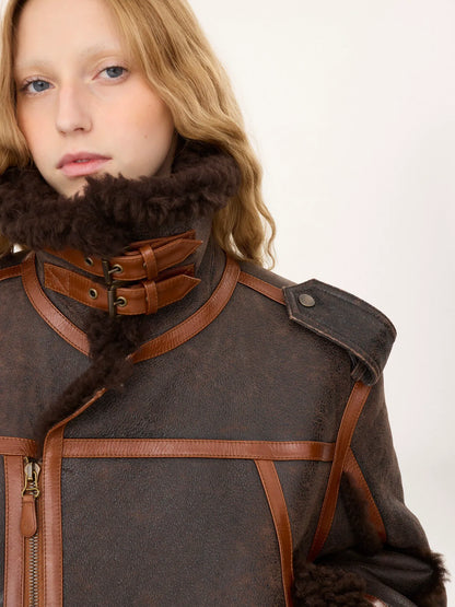 High-neck jacket in shearling