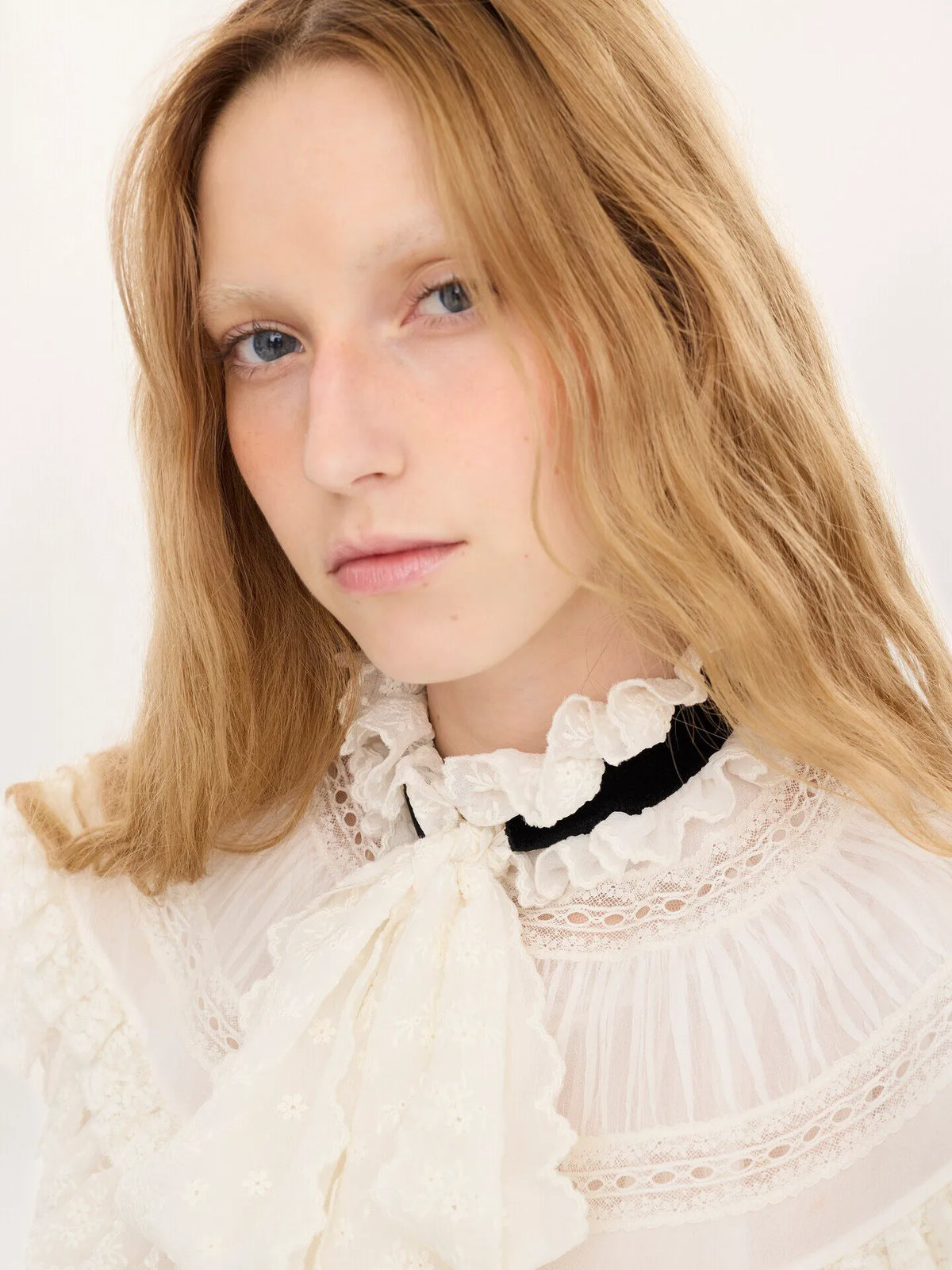 Tie-front ruffle top in silk mousseline & lace