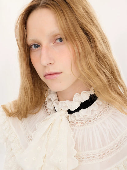 Tie-front ruffle top in silk mousseline & lace