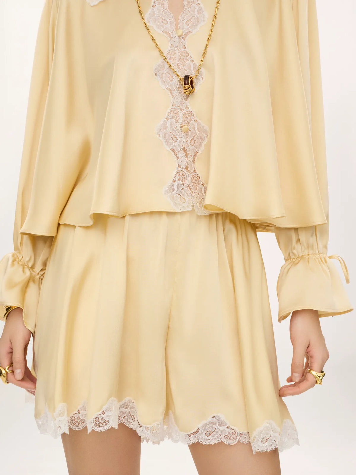 Fluid shorts in washed silk satin & lace