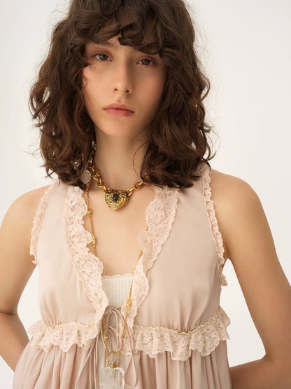 Tie-front sleeveless top in washed silk satin & lace