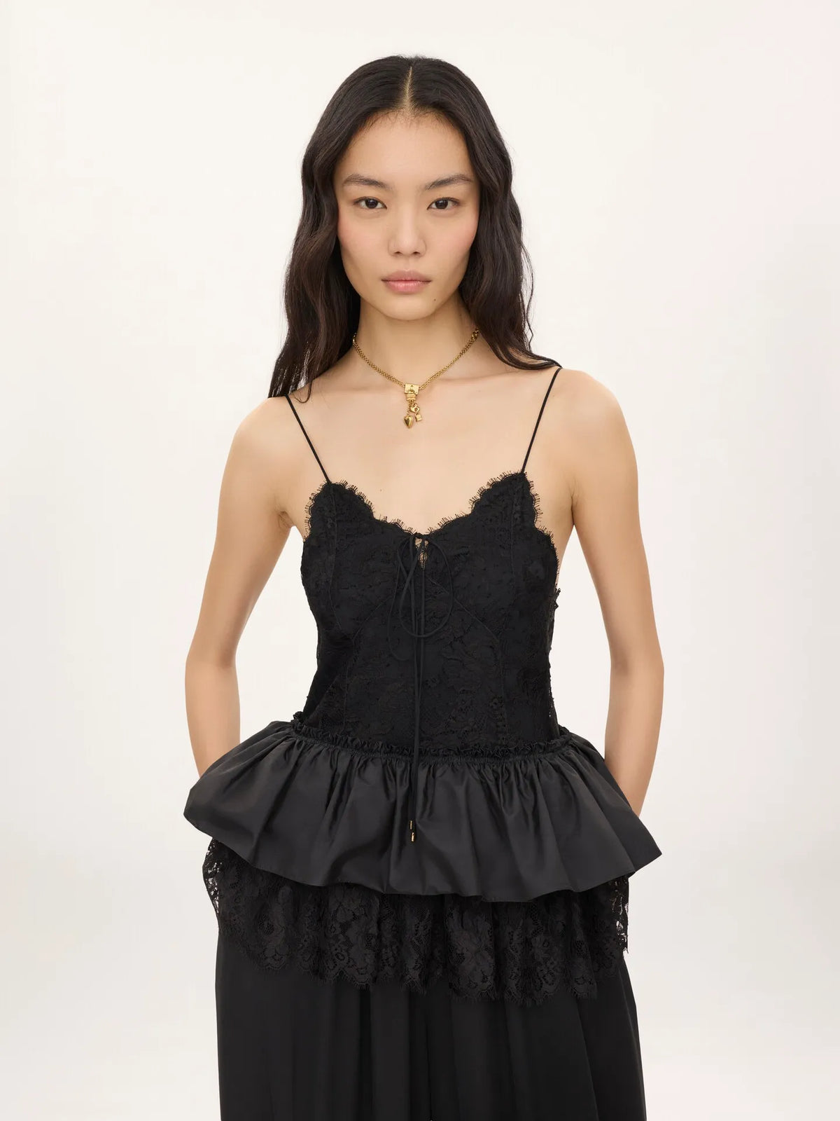 Thin-strap ruffle top in technical taffeta & lace
