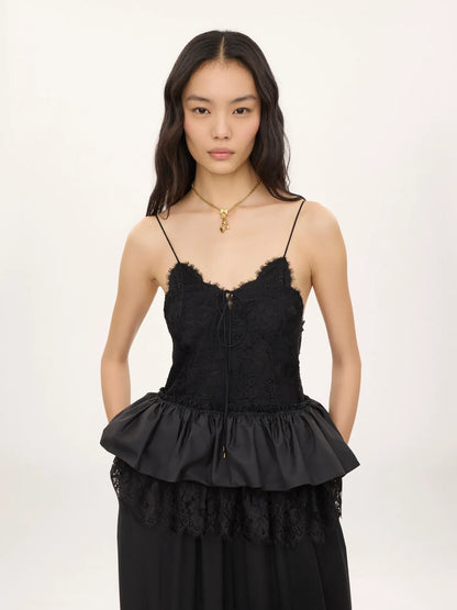 Thin-strap ruffle top in technical taffeta & lace