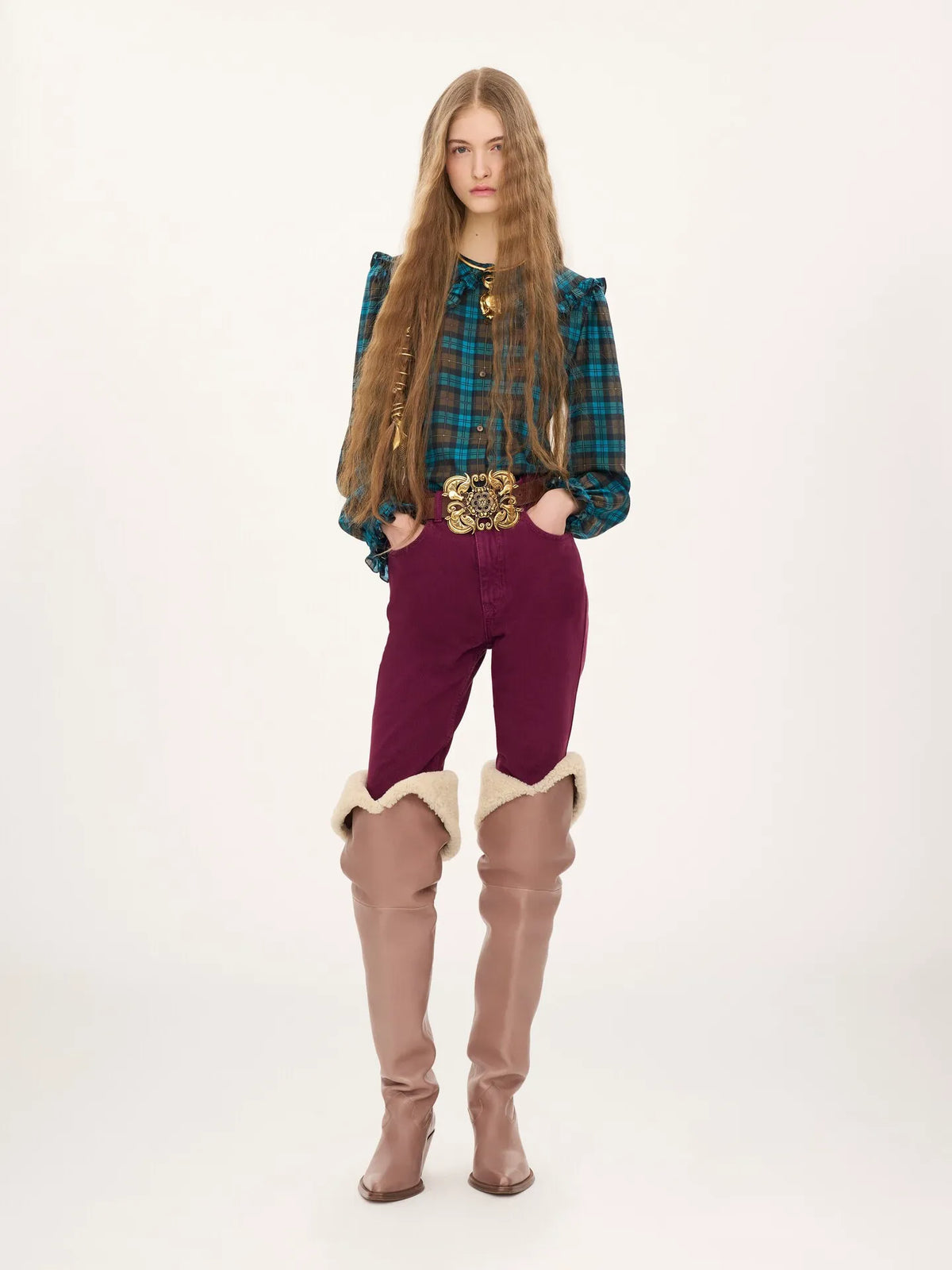 Ruffled lavallière blouse in check silk habotai