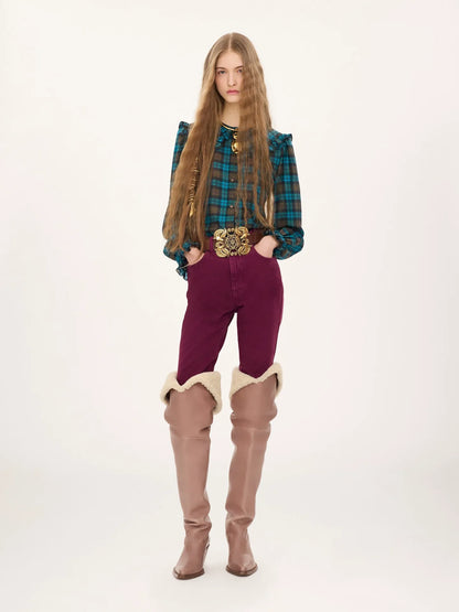 Ruffled lavallière blouse in check silk habotai