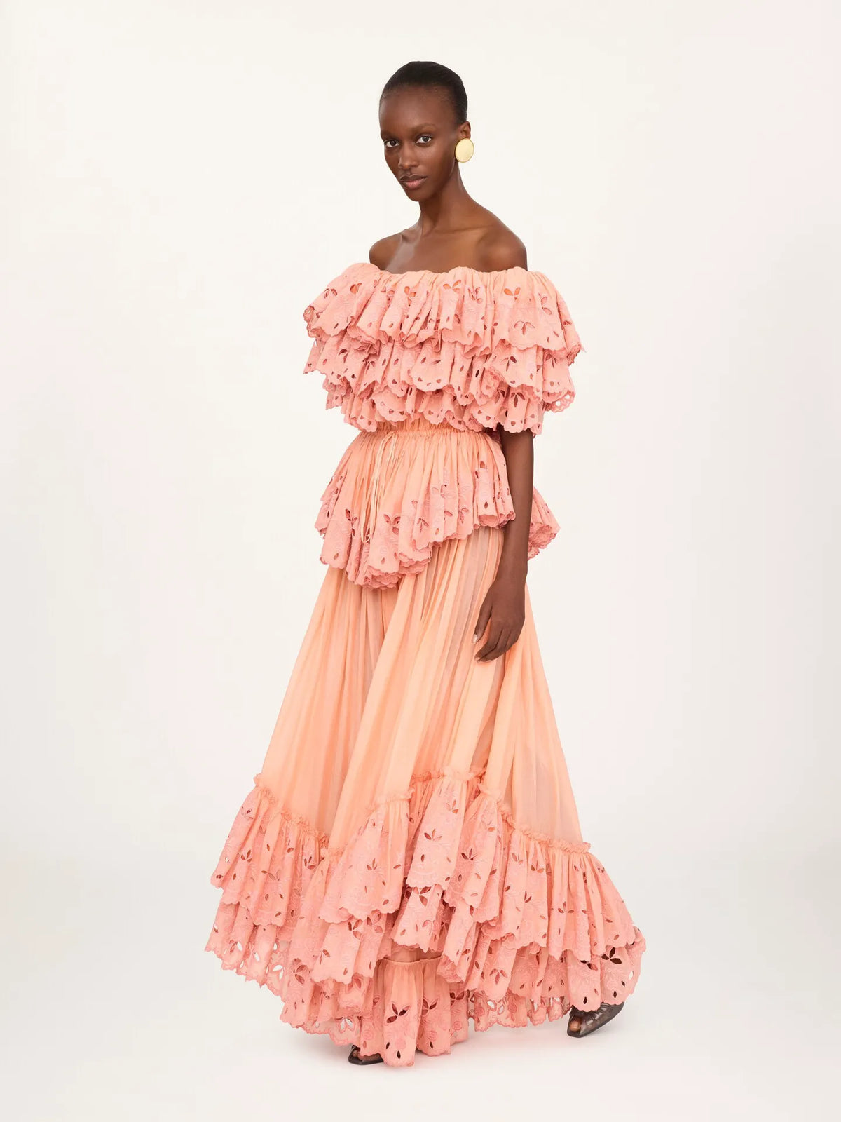 Ruffled long dress in cotton voile