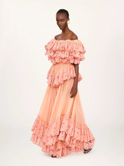 Ruffled long dress in cotton voile