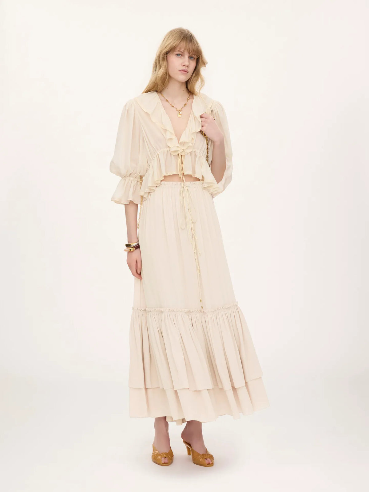 Ruffled long skirt in silk mousseline