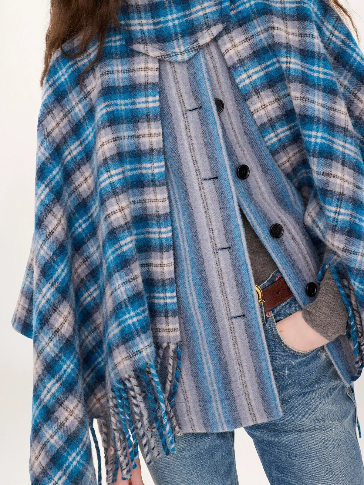 High-neck short cape coat in check wool & alpaca