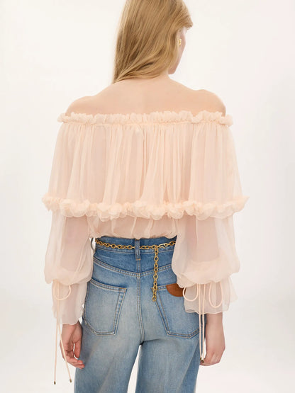 Off-the-shoulder puff-sleeve top in silk mousseline