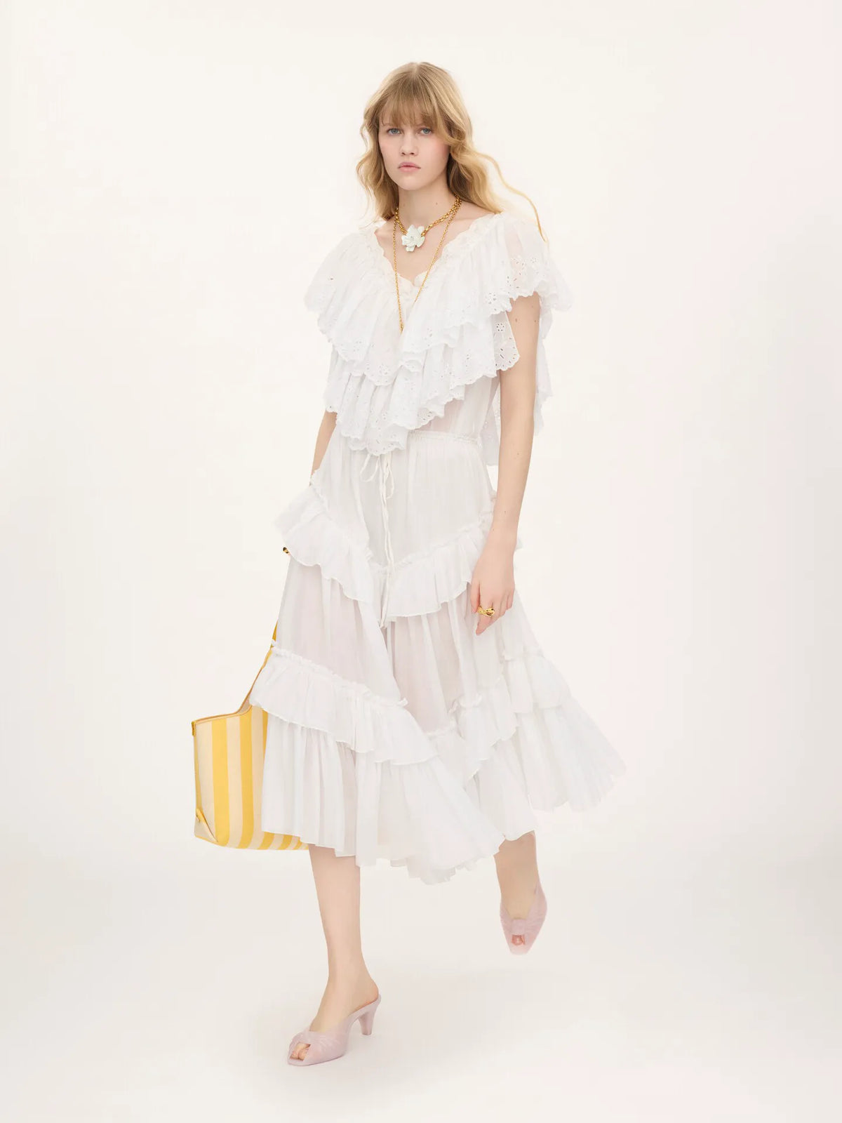 Cropped V-neck ruffle top in cotton voile & lace