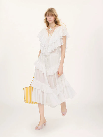 Cropped V-neck ruffle top in cotton voile & lace