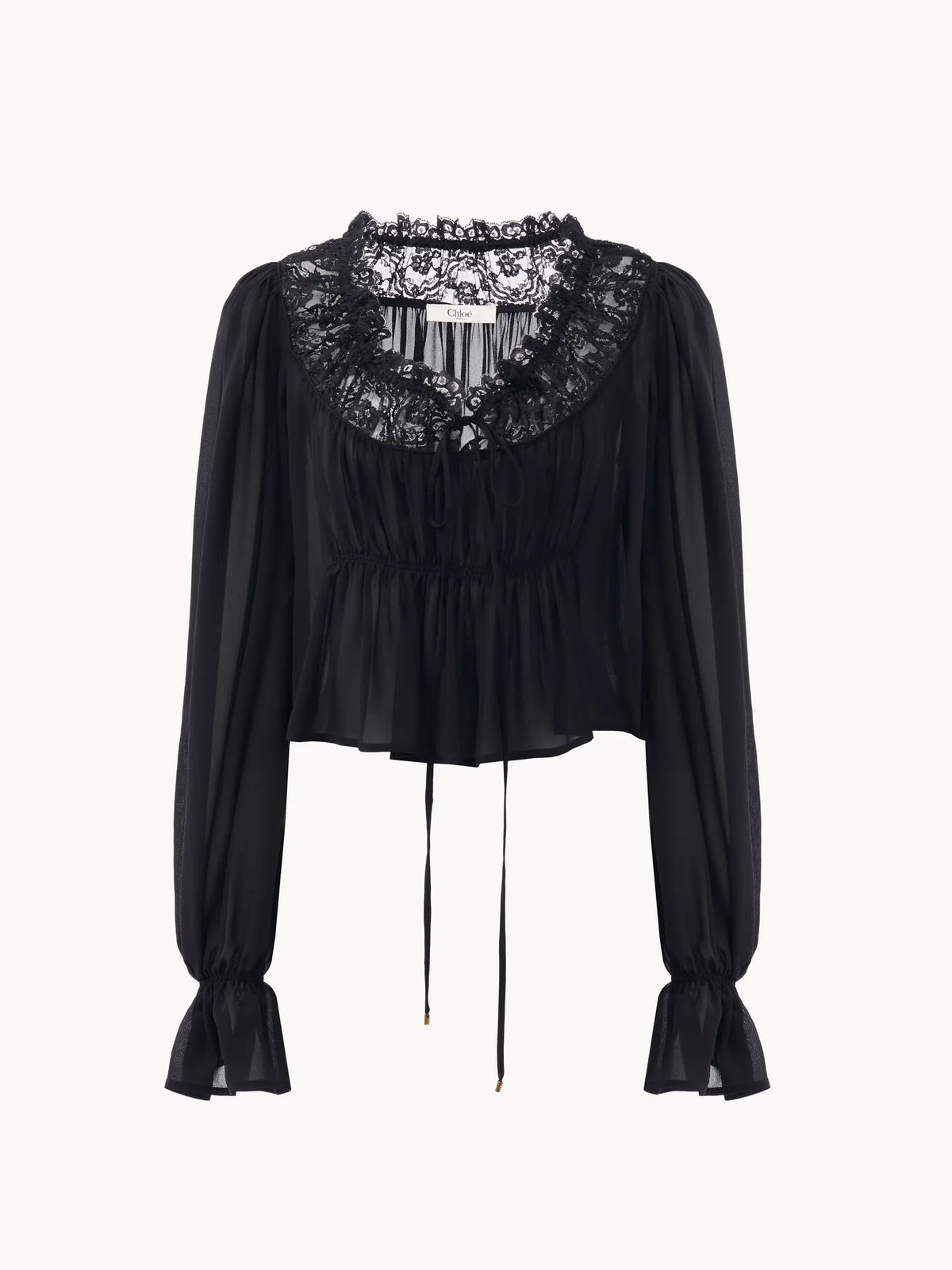 Scoop-neck cropped top in silk georgette & lace