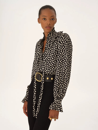 Tie-front ruffled blouse in silk jacquard