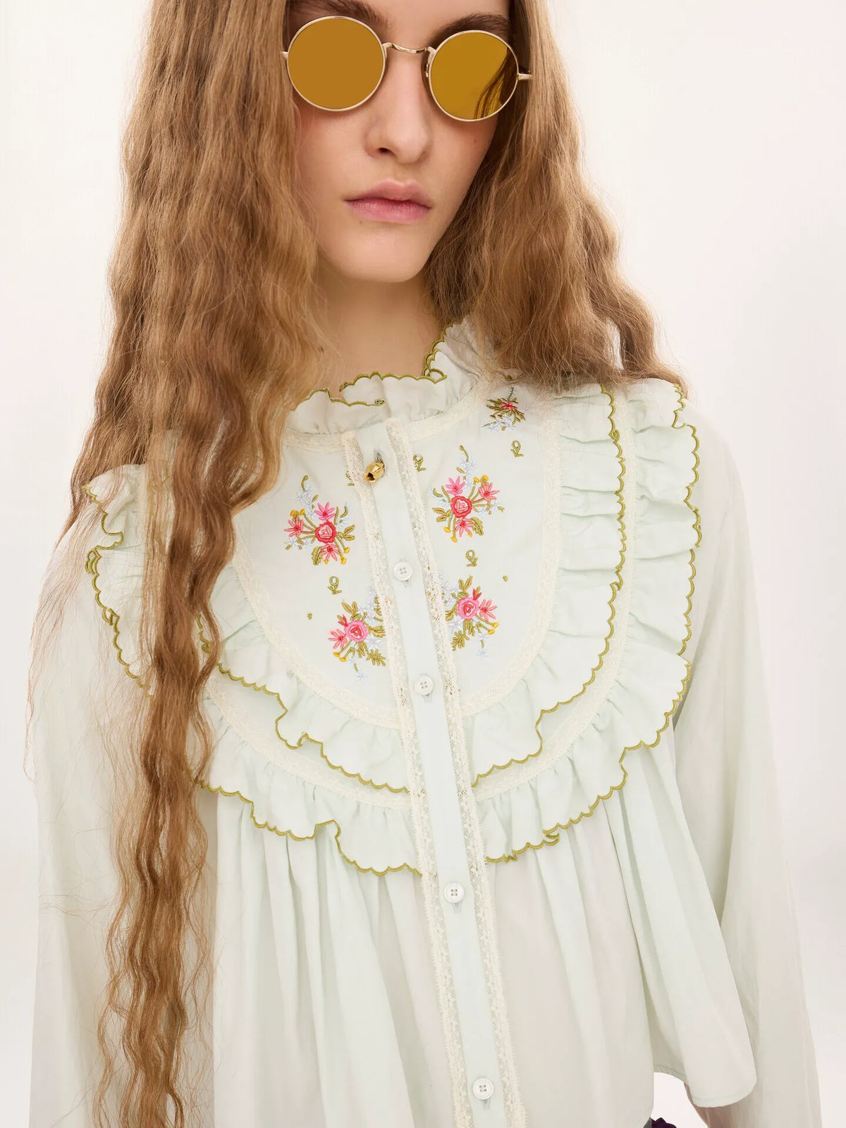 Cropped ruffled blouse in silk & cotton poplin