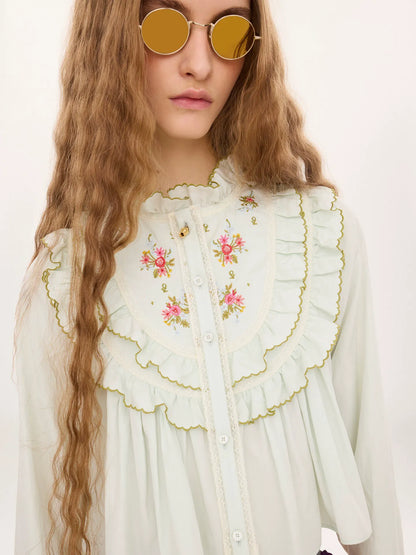 Cropped ruffled blouse in silk & cotton poplin