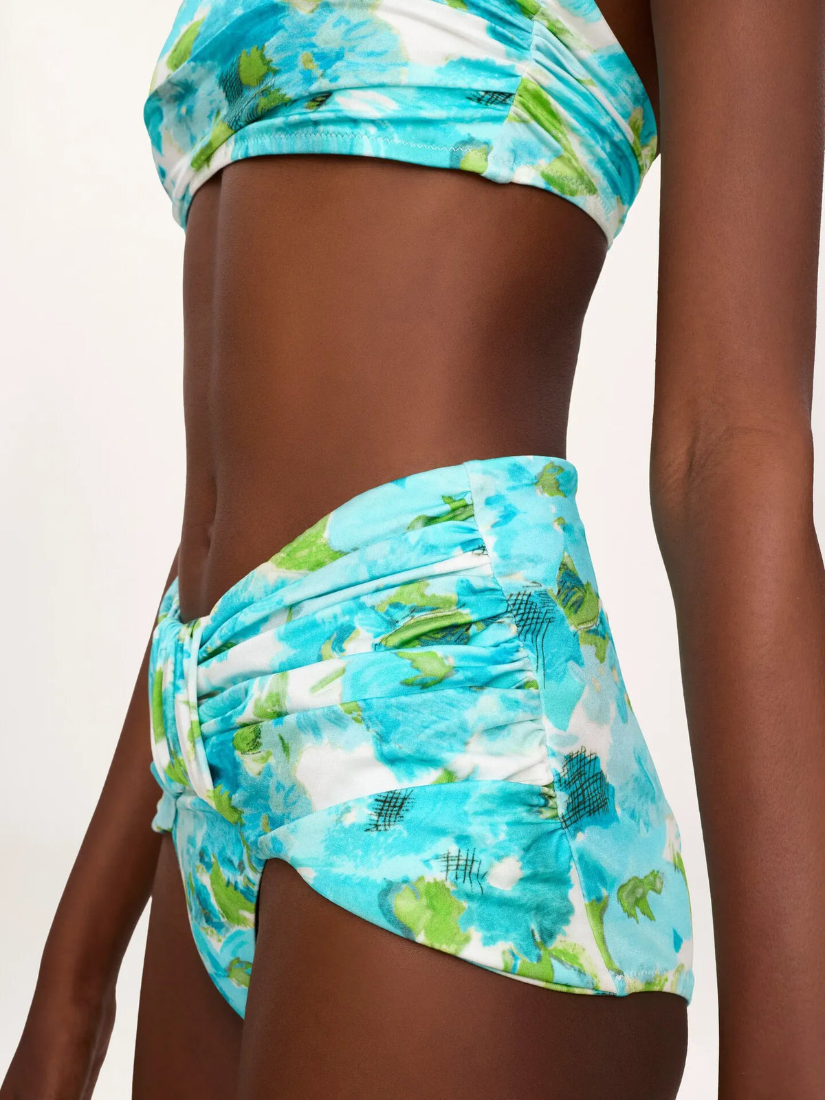 Aqua flower-print mid-rise draped bikini bottoms