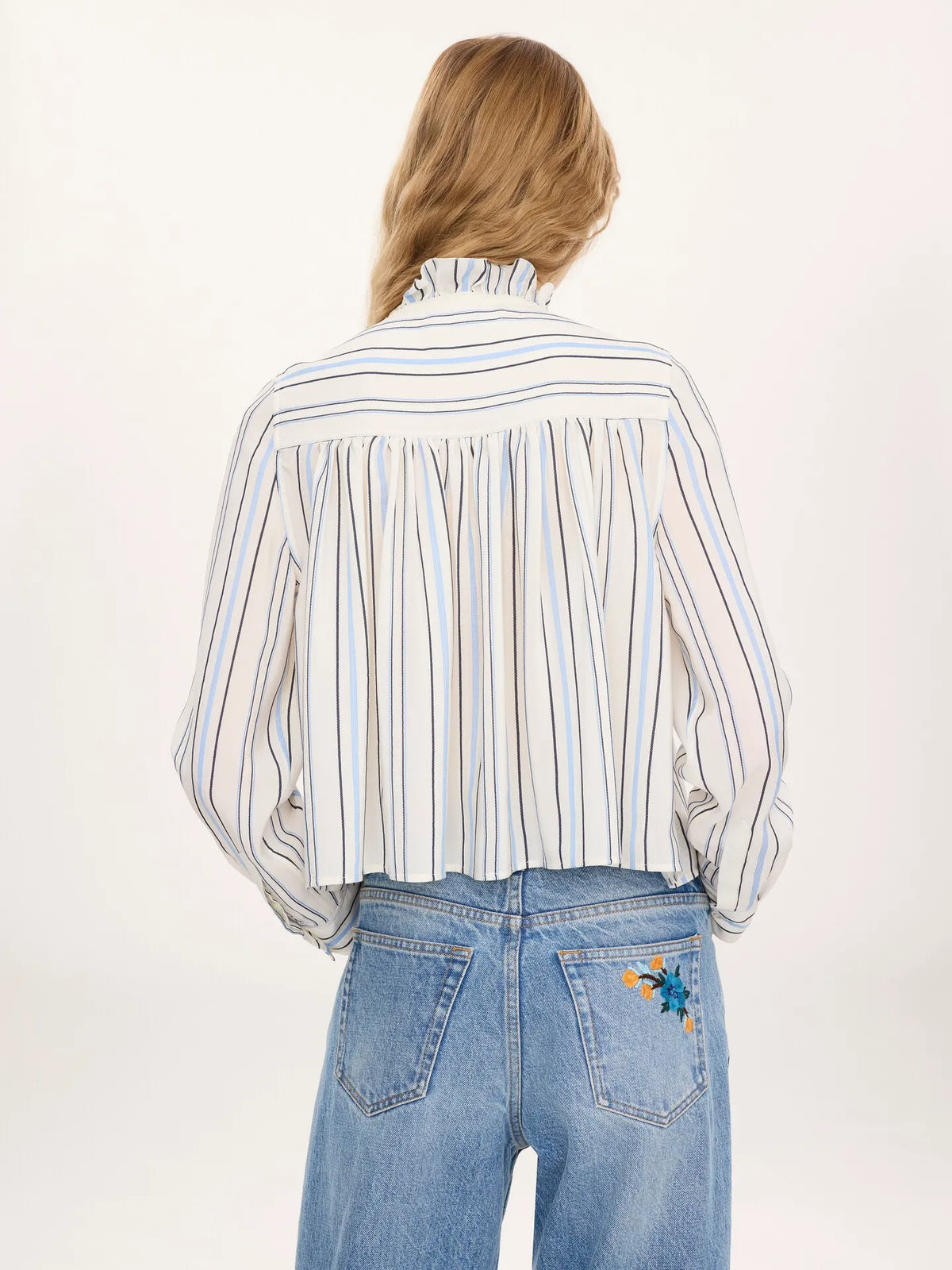 Ruffled blouse in silk jacquard & lace