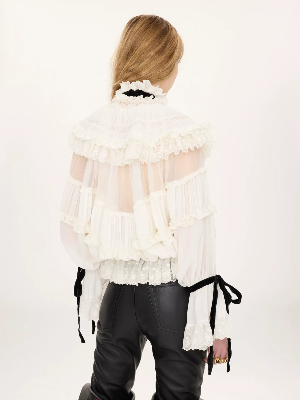 Tie-front ruffle top in silk mousseline & lace