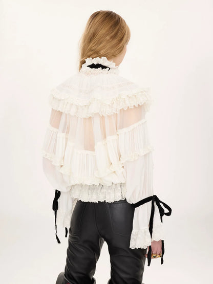 Tie-front ruffle top in silk mousseline & lace