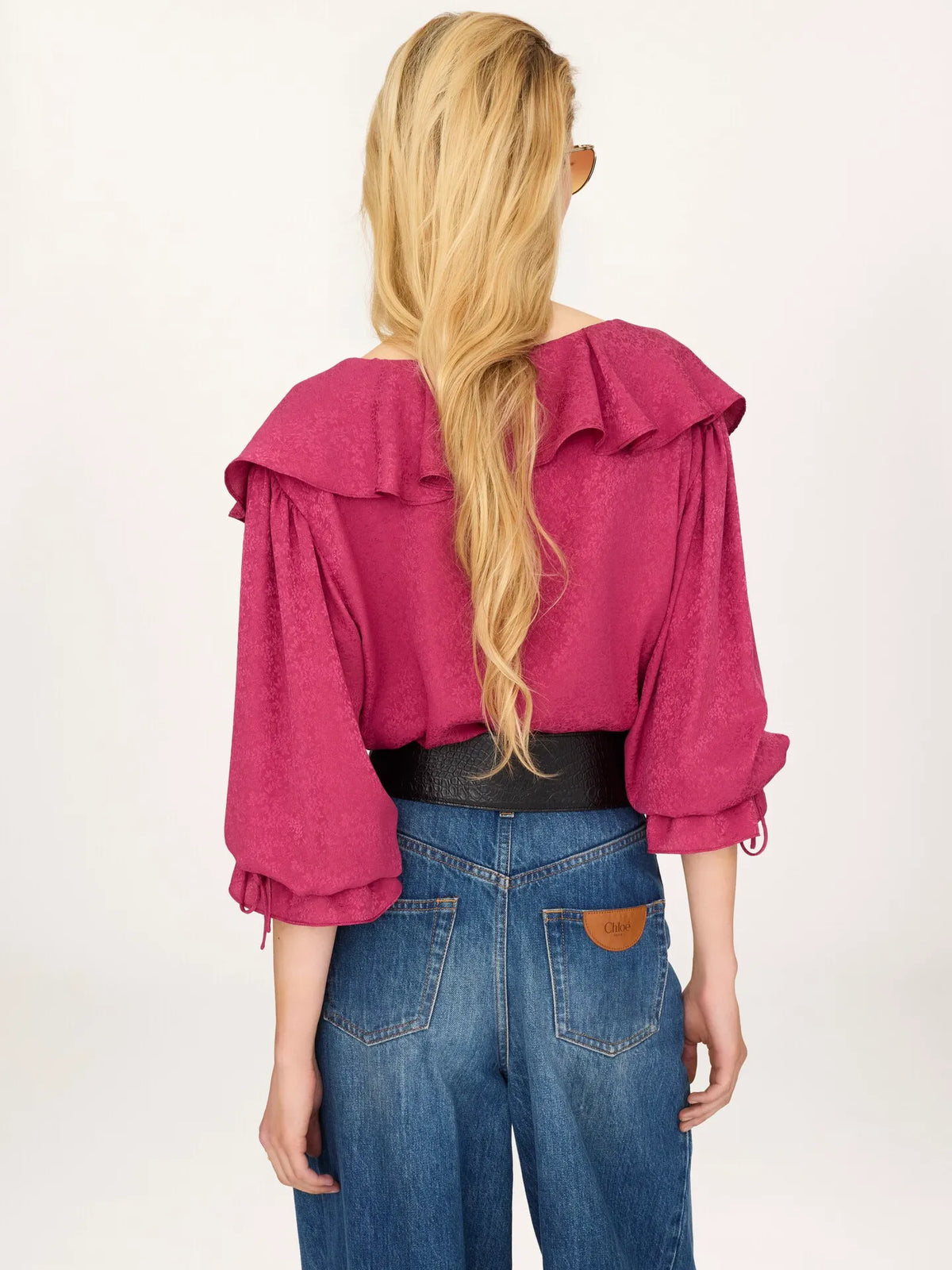 Round-neck ruffle blouse in silk jacquard