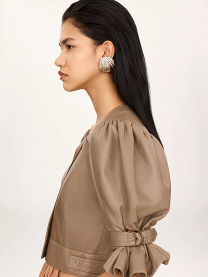 Cropped puff-sleeve jacket in leather