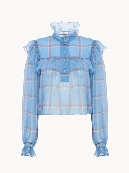 Ruffled top in check silk mousseline