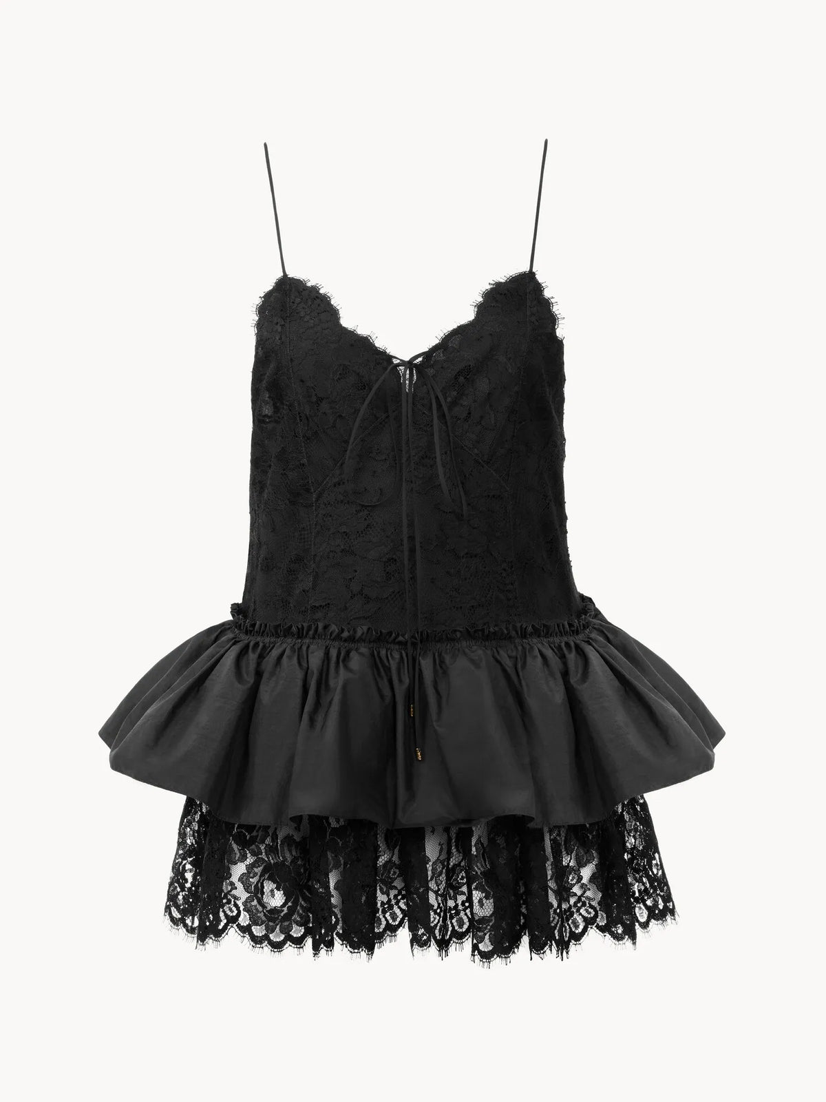 Thin-strap ruffle top in technical taffeta & lace