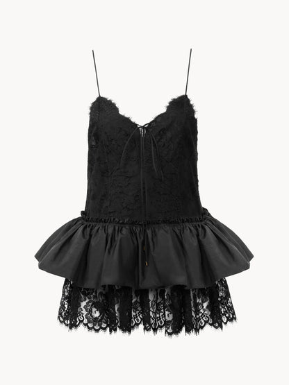 Thin-strap ruffle top in technical taffeta & lace