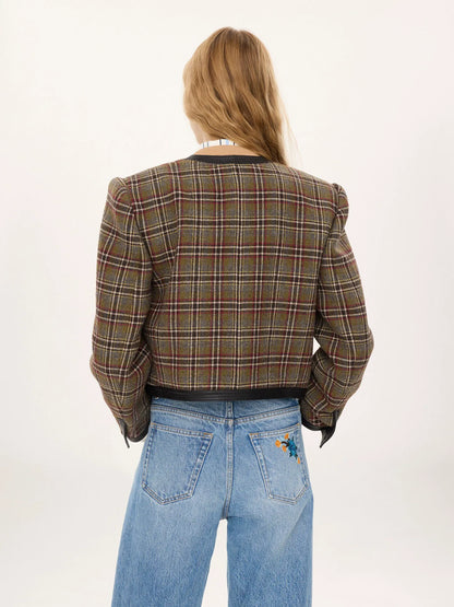 Collarless cropped boxy jacket in check wool