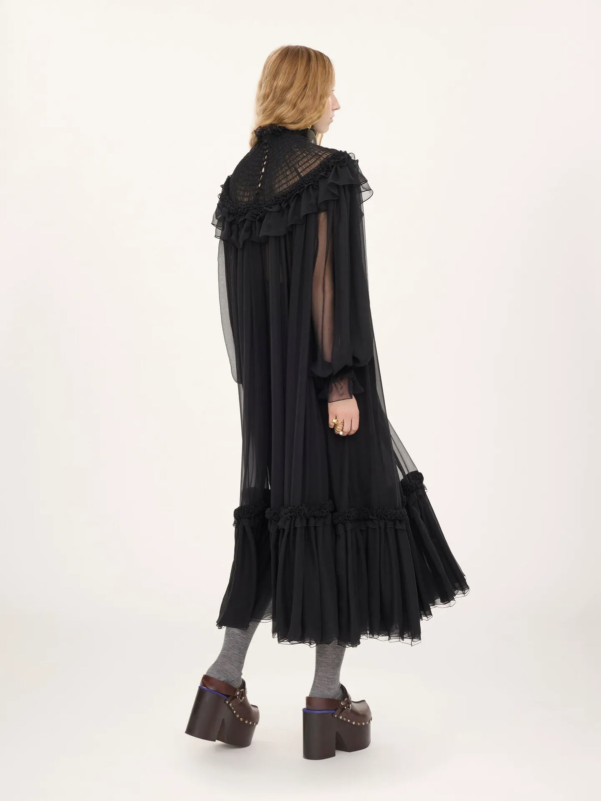 High-neck ruffled midi dress in silk mousseline