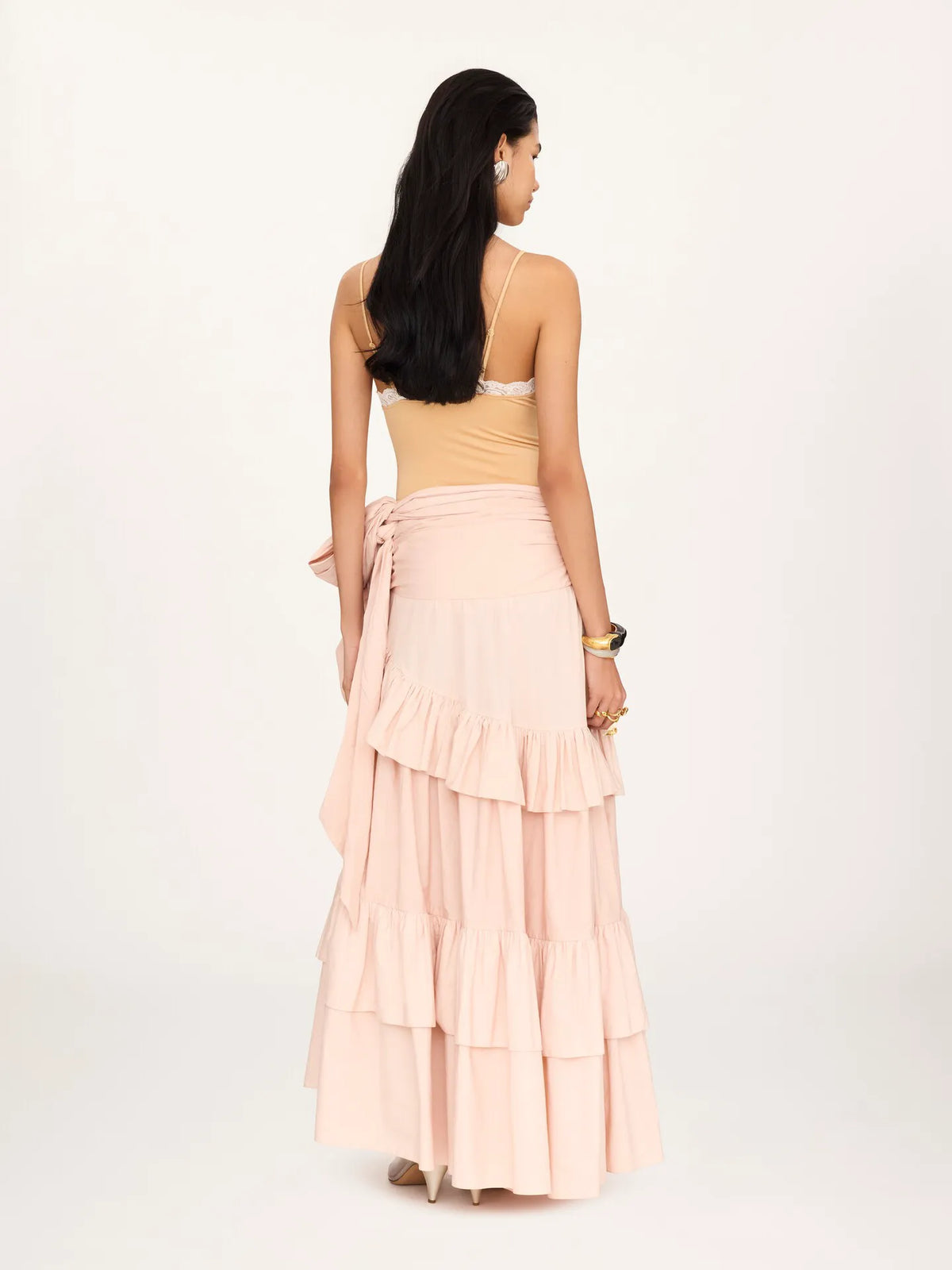 Ruffled long skirt in cotton poplin