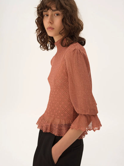 Ruffled puff-sleeve sweater in a lurex knit