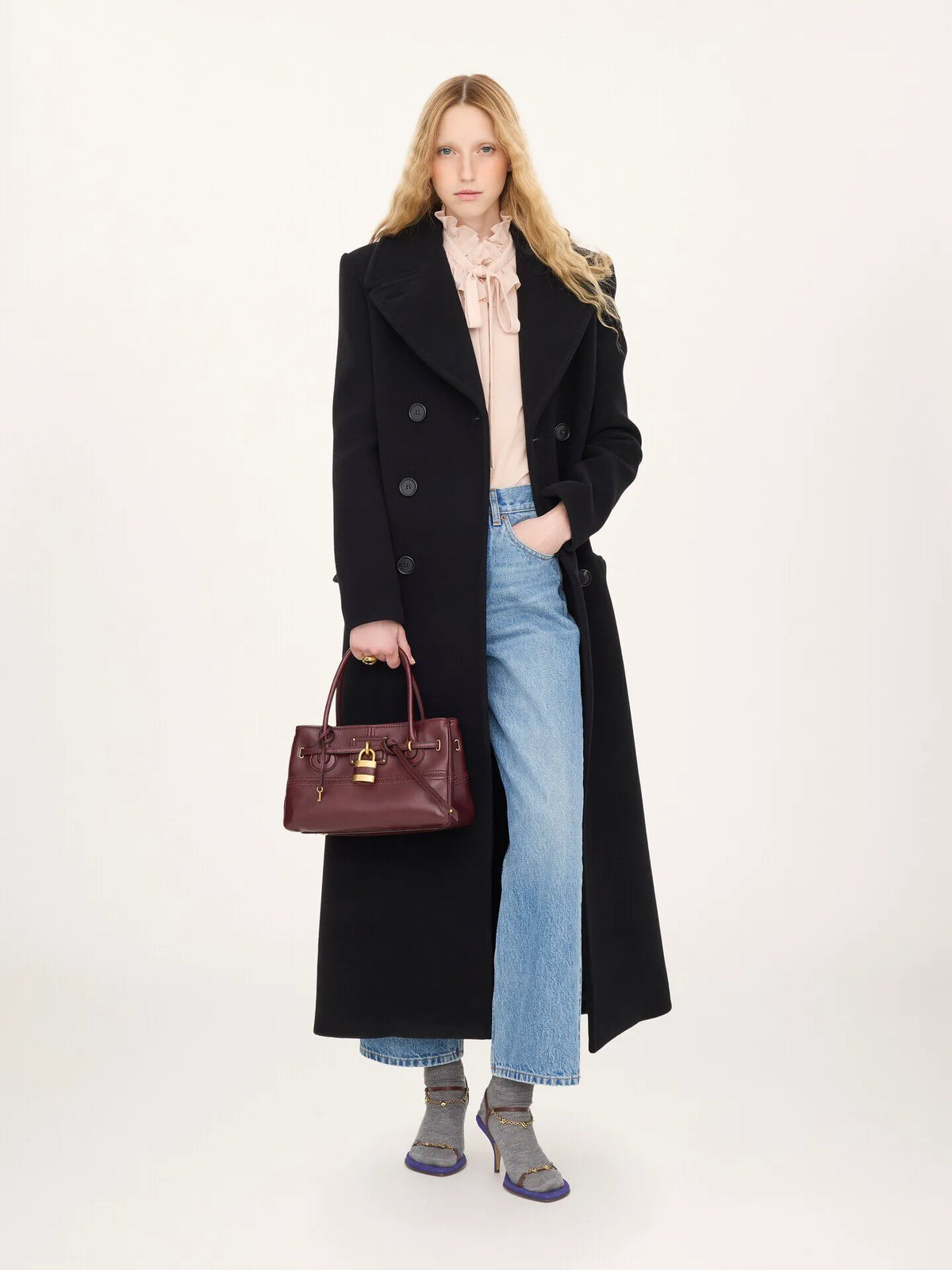 Long double-breasted coat in double-face wool