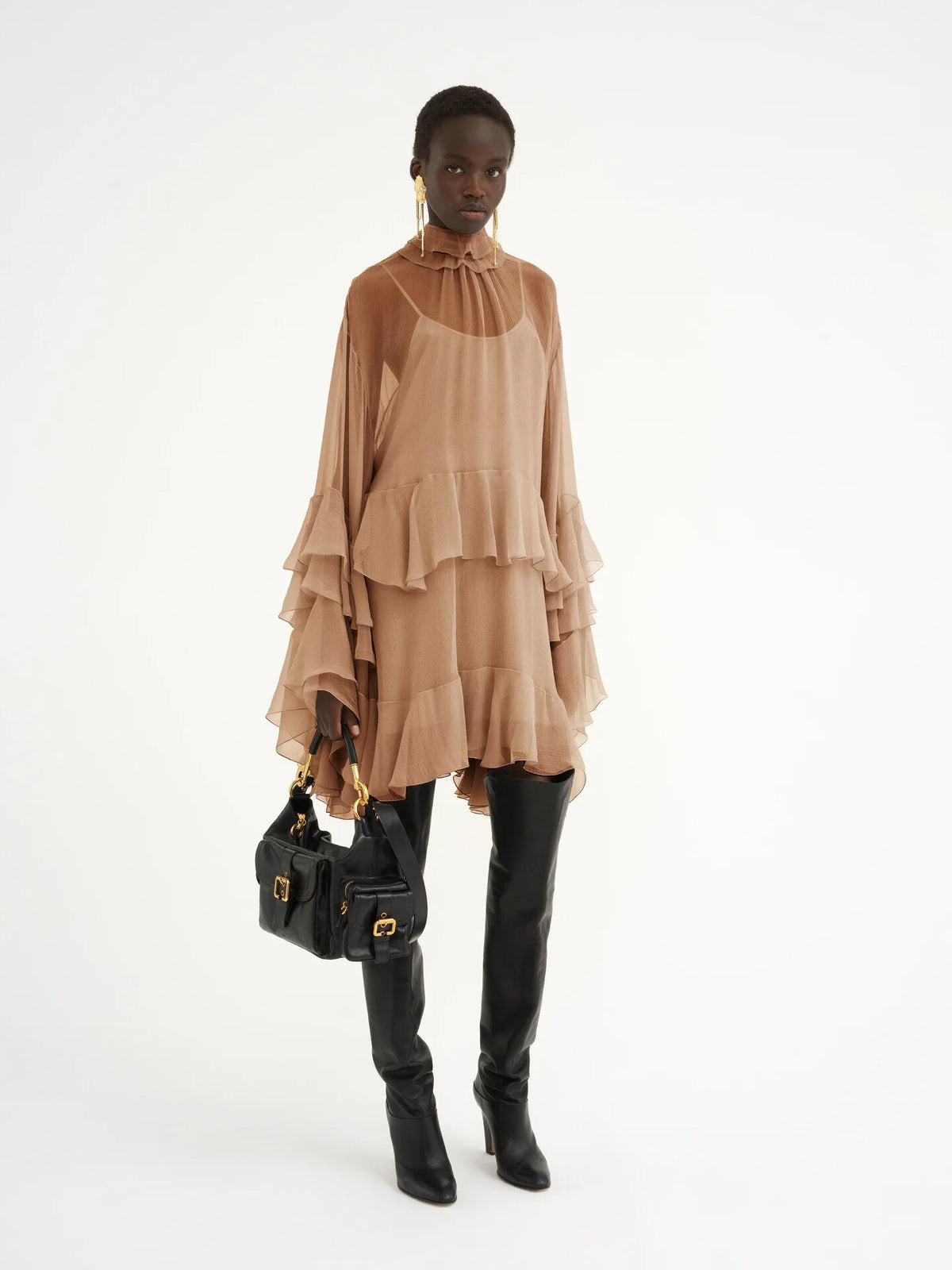 Mini ruffled dress in silk mousseline