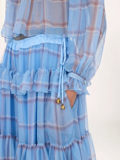 Fluid pleated pants in check silk mousseline