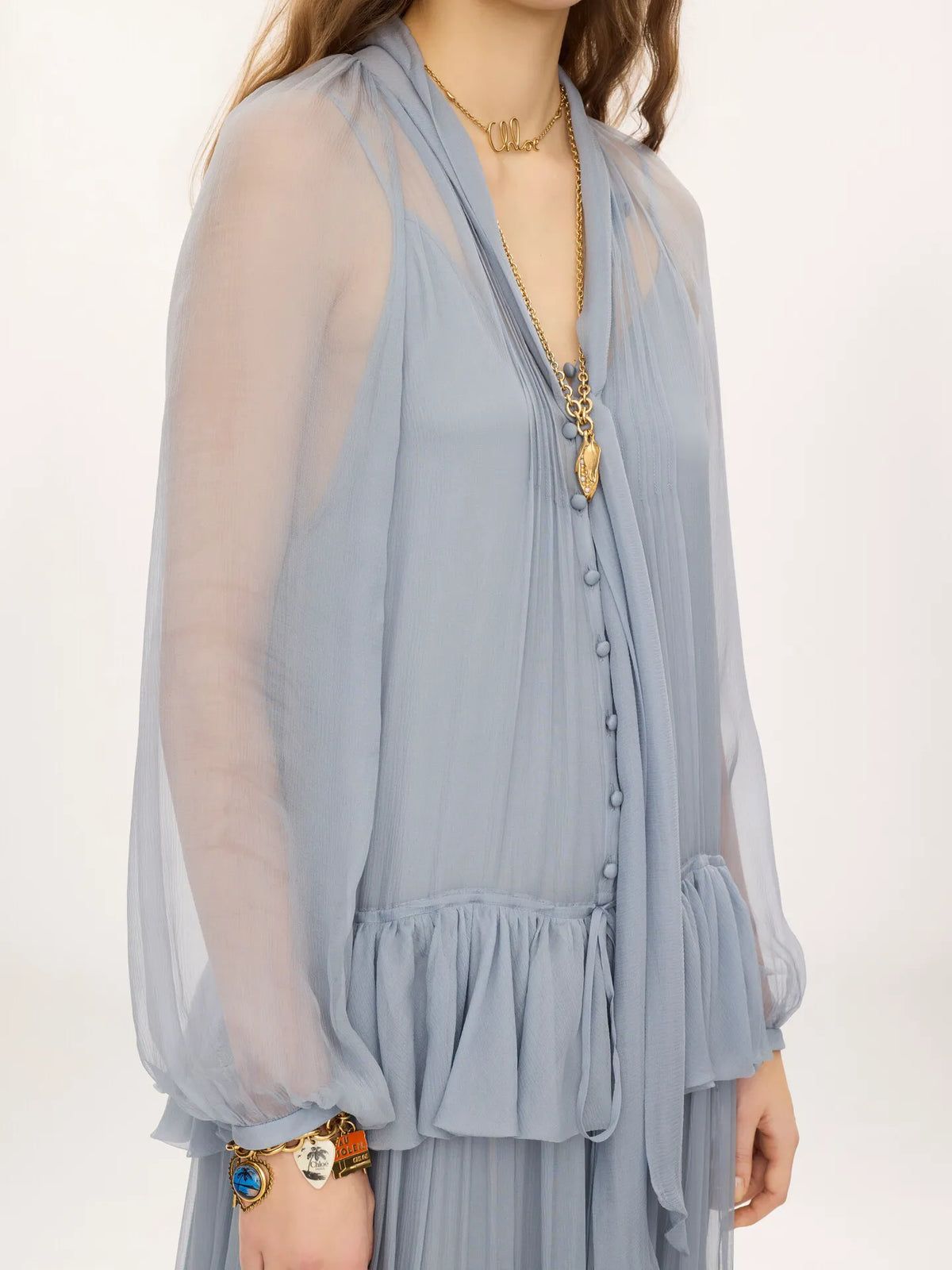Fluid lavallière long dress in silk mousseline