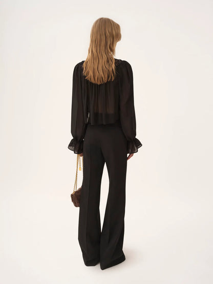 Scoop-neck cropped top in silk georgette & lace