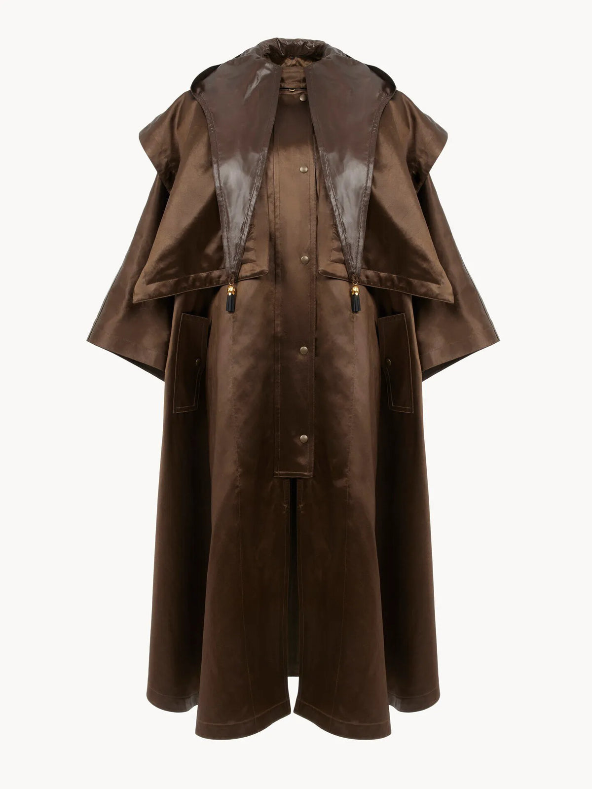 Hooded long cape coat in satin