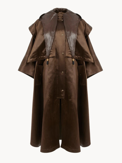 Hooded long cape coat in satin
