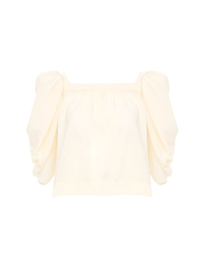 Puff-sleeve pleated top in crêpe de chine