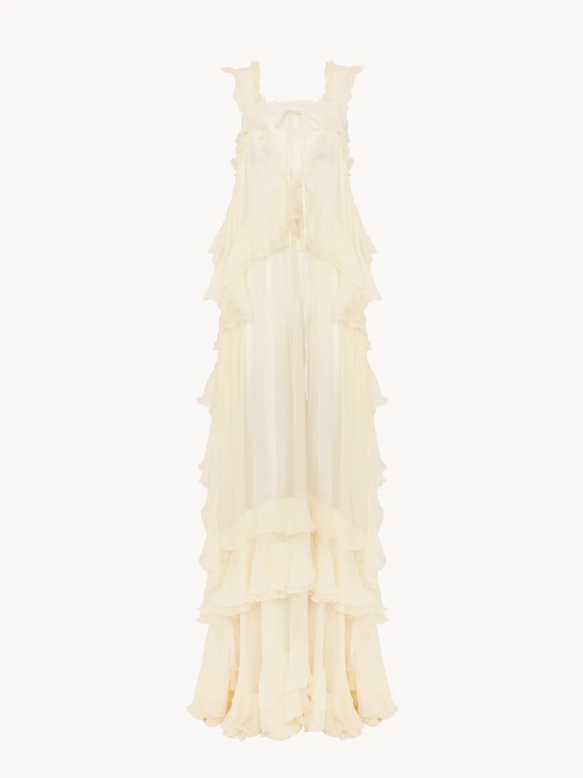 Sleeveless layered long dress in silk mousseline & lace