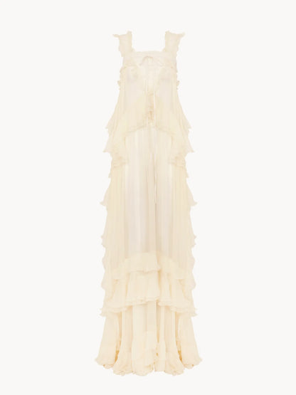 Sleeveless layered long dress in silk mousseline & lace
