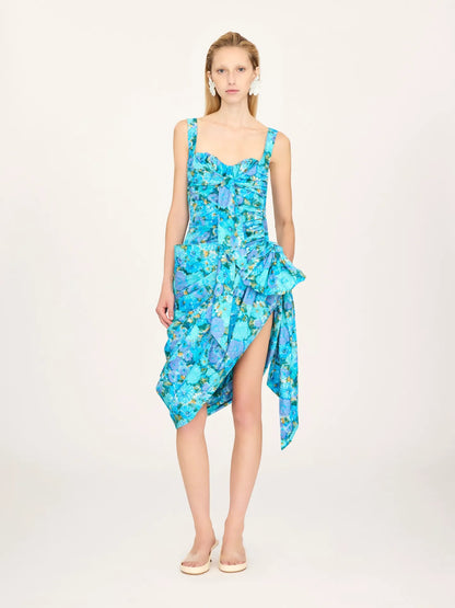 Wrapped bustier midi dress in cotton poplin