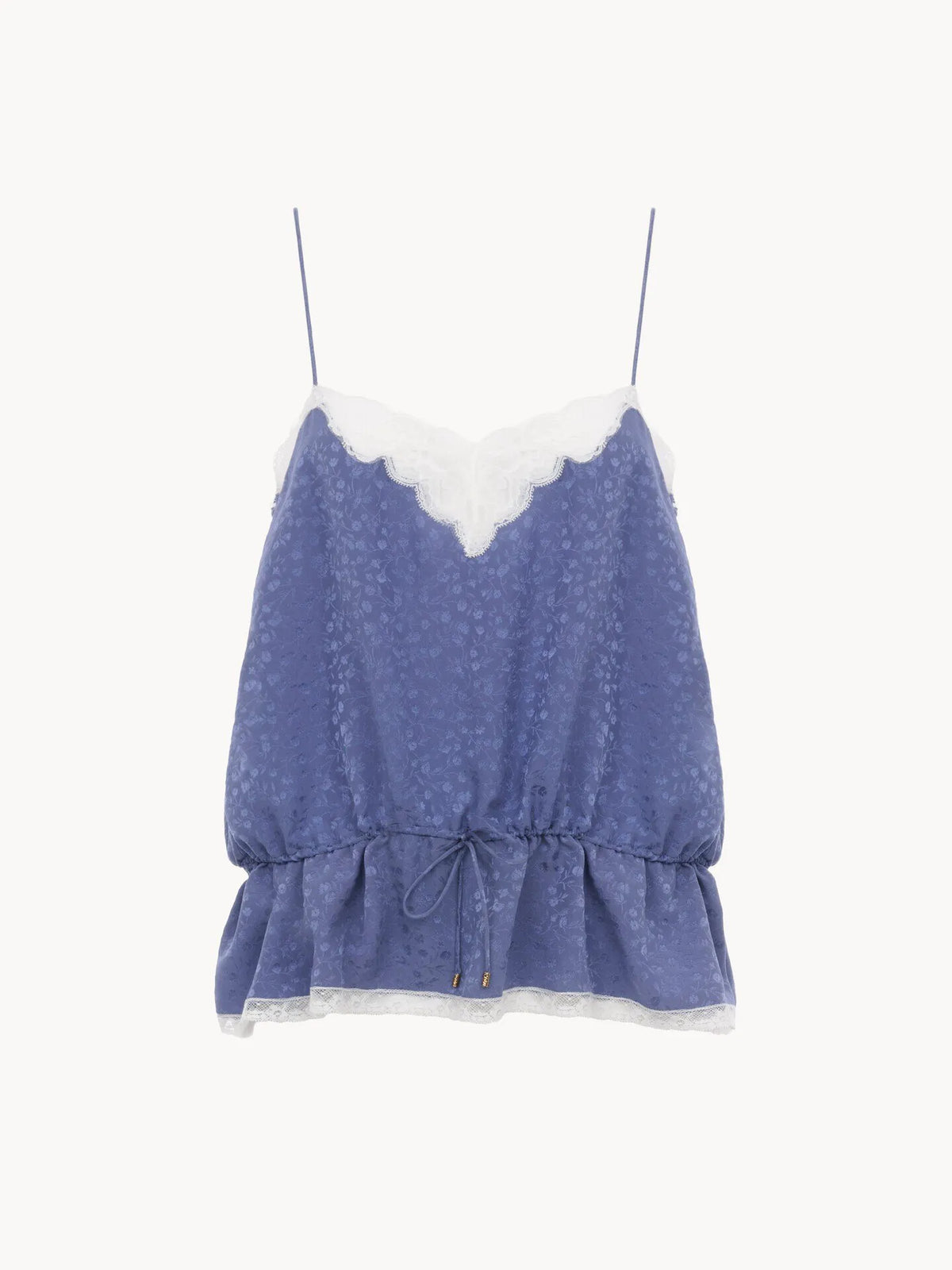 Drawstring camisole top in silk jacquard & lace