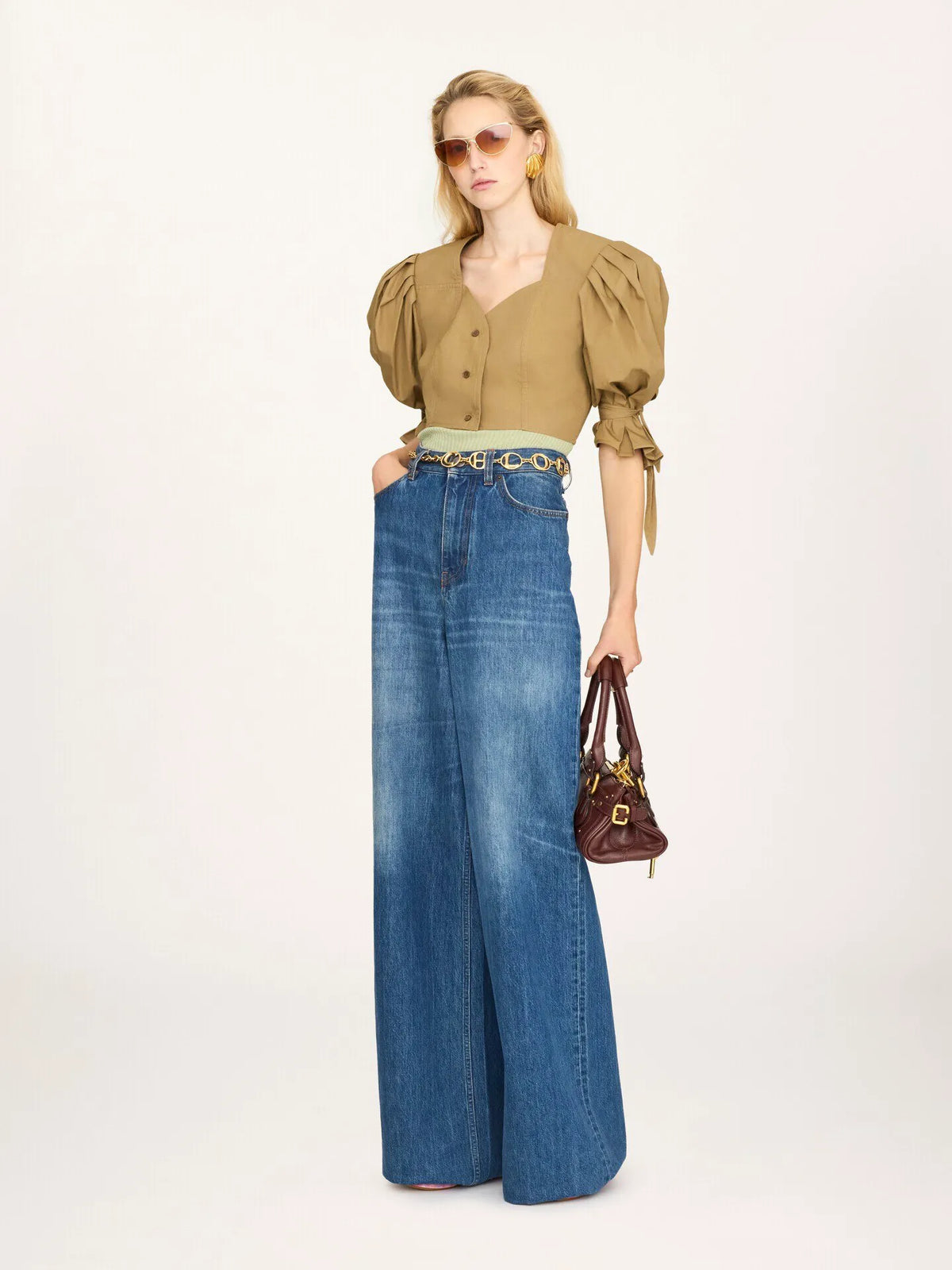 Puff-sleeve cropped top in cotton poplin