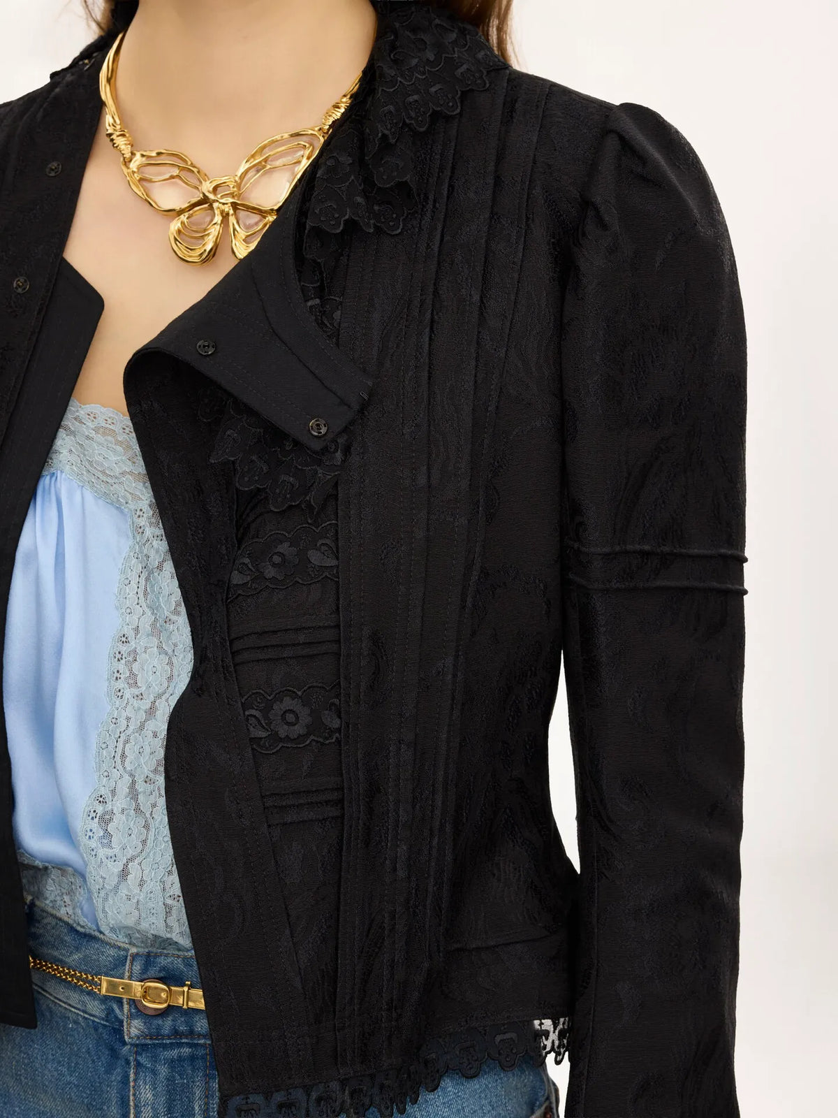 Fitted jacket in silk-blend jacquard & lace