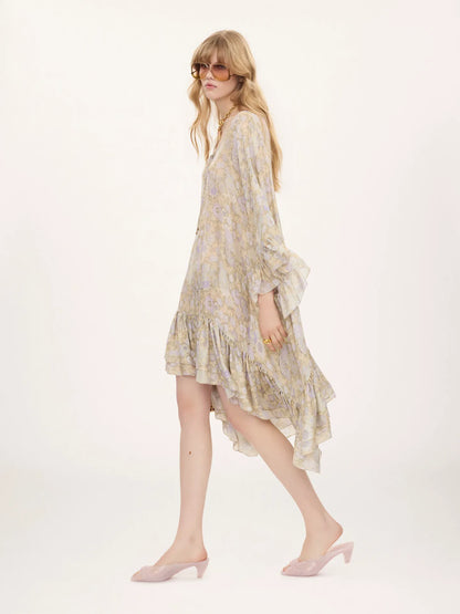 Knee-length ruffled kaftan in silk charmeuse