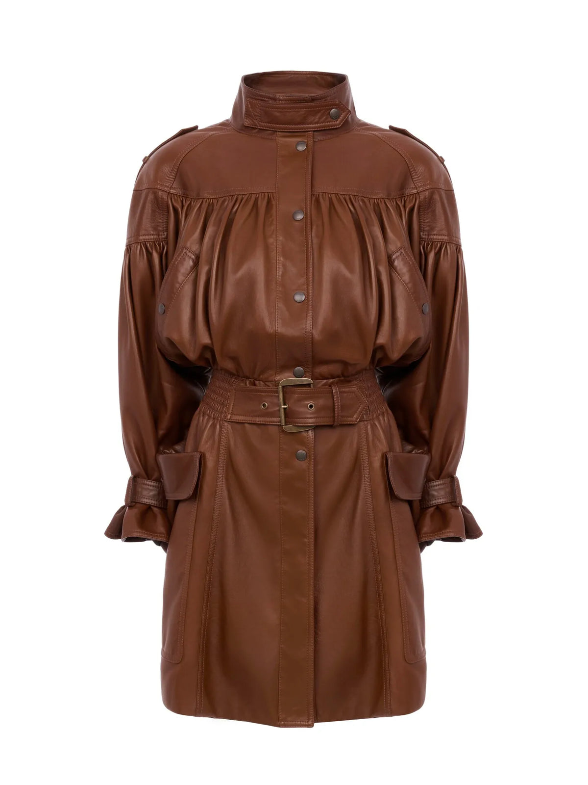 High-neck puff-sleeve coat in leather