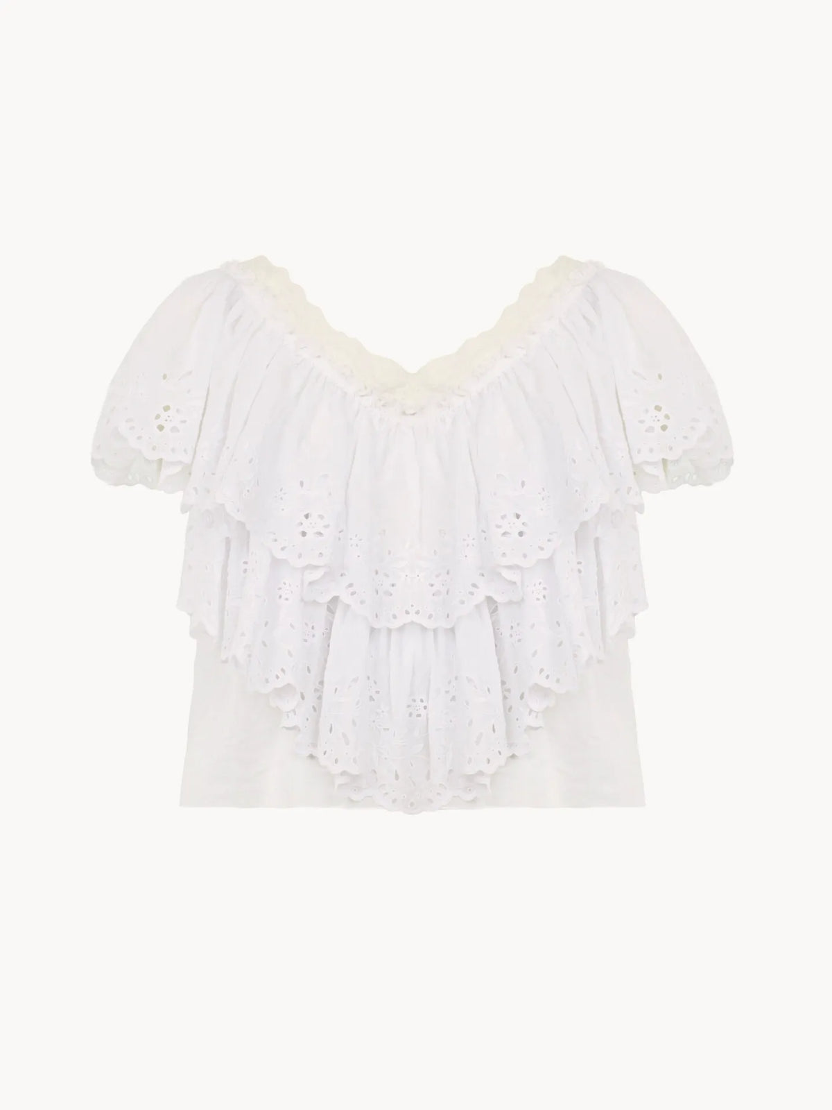 Cropped V-neck ruffle top in cotton voile & lace